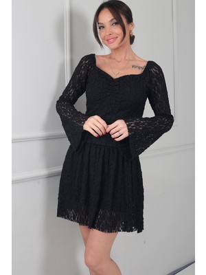 By Saygı Kadın Madonna Yaka Astarlı Önü Büzgülü Ispanyol Kol Ithal Dantel Kısa Elbise