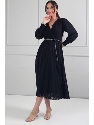 By Saygı Kadın Kruvaze Yaka Astarlı Uzun Kol Dantel Midi Elbise