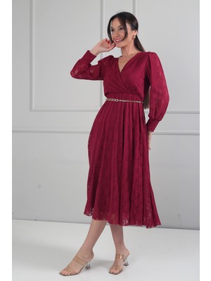 By Saygı Kadın Kruvaze Yaka Astarlı Uzun Kol Dantel Midi Elbise