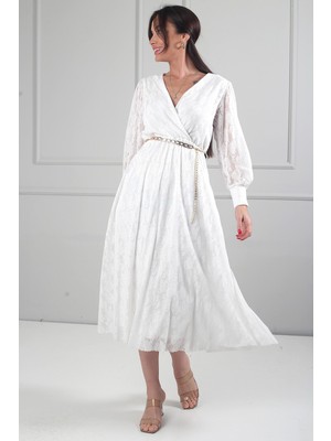 By Saygı Kadın Kruvaze Yaka Astarlı Uzun Kol Dantel Midi Elbise