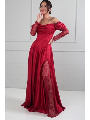 By Saygı Kadın Kayık Drapeli Yaka Astarlı Dantel Detaylı Geniş Beden Aralıklı Uzun Saten Elbise