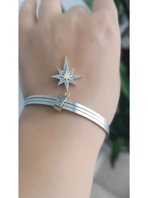 Shop 316L Çelik Kararma Yapmaz Gümüş Renk Kutupyıldızı Charmlı 3lü Ajda Bilezik