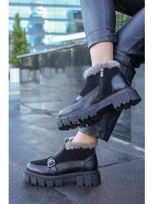 Fast Step Hakiki Deri Kürklü  Kadın Kalın Taban Bot 010KZA8696
