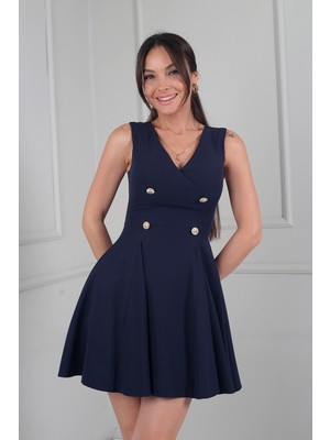 By Saygı Kadın Kruvaze Yaka Önü Düğmeli Double Kumaş Kısa Kloş Elbise