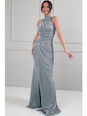 By Saygı Kadın Halter Yaka Astarlı Drapeli Simli Uzun Elbise