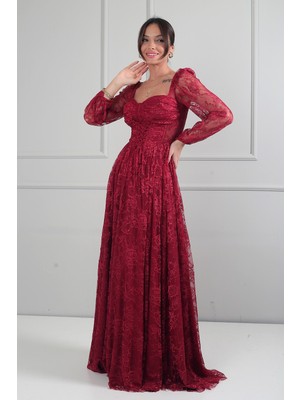 By Saygı Kadın Kalp Yaka Ön Kısmı Korse Detaylı Bağcıklı Astarlı Çiçek Desen Dantel Tül Uzun Elbise