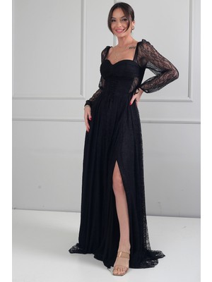 By Saygı Kadın Kalp Yaka Ön Kısmı Korse Detaylı Bağcıklı Astarlı Çiçek Desen Dantel Tül Uzun Elbise