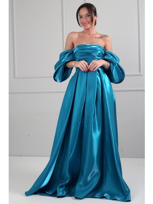 By Saygı Kadın Straplez Balon Kollu Astarlı Pileli Cepli Tafta Uzun Elbise