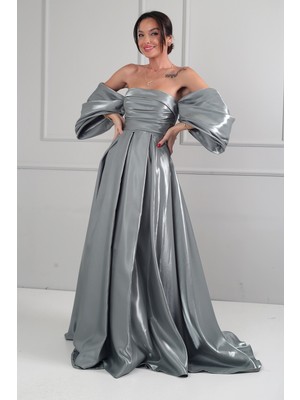 By Saygı Kadın Straplez Balon Kollu Astarlı Pileli Cepli Tafta Uzun Elbise