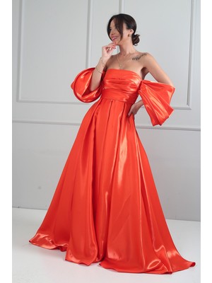 By Saygı Kadın Straplez Balon Kollu Astarlı Pileli Cepli Tafta Uzun Elbise