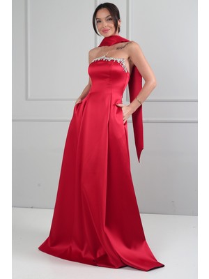 By Saygı Kadın Straplez Taşlı Astarlı Cepli Uzun Saten Elbise