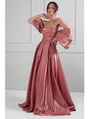 By Saygı Kadın Straplez Balon Kollu Astarlı Pileli Cepli Tafta Uzun Elbise