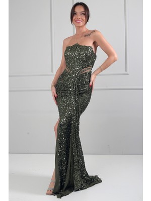 By Saygı Kadın Straplez Yarasa Yaka Astarlı Pulpayet-Boncuklu Uzun Elbise