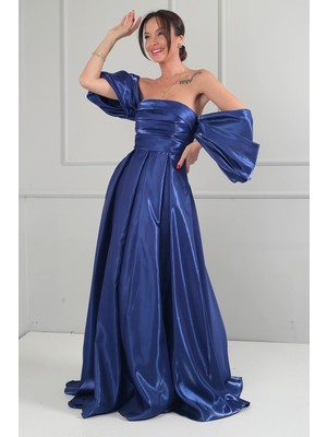 By Saygı Kadın Straplez Balon Kollu Astarlı Pileli Cepli Tafta Uzun Elbise