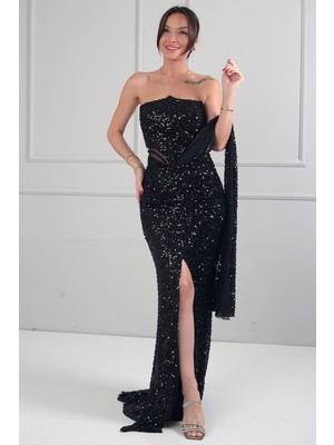 By Saygı Kadın Straplez Yarasa Yaka Astarlı Pulpayet-Boncuklu Uzun Elbise