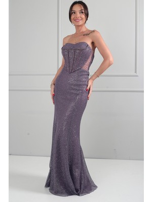 By Saygı Kadın Straplez Büstiyerli Boncuk Işlemeli Astarlı File Uzun Elbise