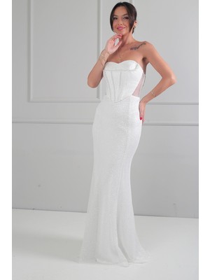 By Saygı Kadın Straplez Büstiyerli Boncuk Işlemeli Astarlı File Uzun Elbise