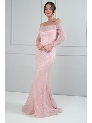 By Saygı Kadın Kayık Yaka Drapeli Astarlı Uzun Kollu Dantel Balık Elbise