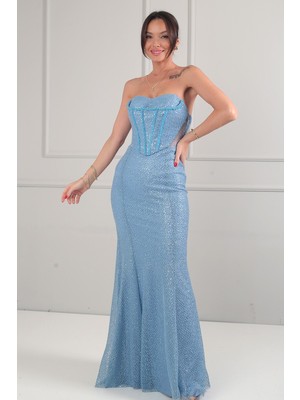 By Saygı Kadın Straplez Büstiyerli Boncuk Işlemeli Astarlı File Uzun Elbise