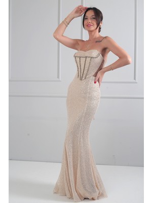 By Saygı Kadın Straplez Büstiyerli Boncuk Işlemeli Astarlı File Uzun Elbise