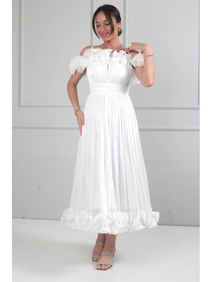 By Saygı Kadın Şifon Kumaş Volan Detaylı Midi Elbise