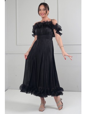 By Saygı Kadın Şifon Kumaş Volan Detaylı Midi Elbise