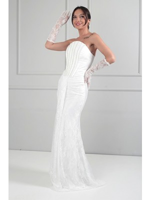 By Saygı Kadın Straplez Boncuk Detaylı Astarlı Uzun Dantel Elbise