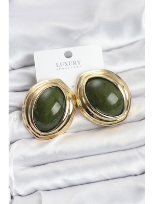 Ramia Pirinç Yeşil Badem Model Vintage Gold Kadın Küpe - TJ-BKP11591