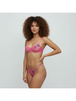 Bonbon Kadın Kelebek Figürlü Tül Transparan Balenli Narçiçeği Renk Sütyen ve String 2'li Takım BB2208