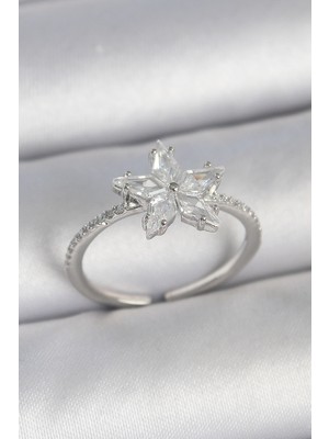 Ramia Pirinç Gümüş Renk Zirkon Taşlı Yıldız Model Ayarlanabilir Kadın Yüzük - TJ-BYK3716