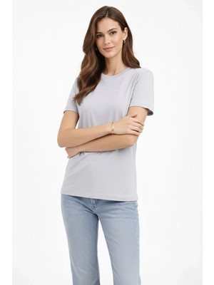 Luz&Pos Kadın Bisiklet Yaka Tişört  Regular Kalıp Basic Pamuklu  Günlük Kullanım  T-Shirt - Gri