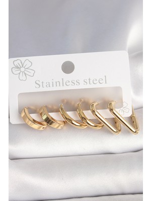 Ramia 316L Çelik Gold Renk Üçgen Halka Model Kadın Küpe Seti - TJ-BKP10390