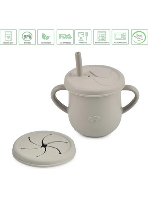 Jojobebek Pipetli Gri Renk Silikon Bardak, Pipetli Çocuk Silikon Bardak, Pipetli Alıştırma Bardak