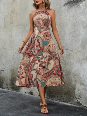 Ayşegul Hediyelik Kadın Kolsuz Boyundan Bağlamalı Beli Lastikli Etnik Desen Baskı Süprem Uzun Elbise