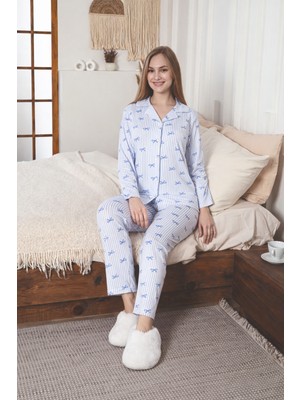 Caspara Kadın Mavi Fiyonk Desenli Düğmeli Pamuklu Ultrasoft Pijama Takımı Rahat Kesim Şık Gecelik Sabahlık