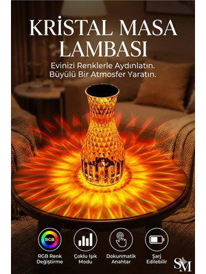 Twin Store Kristal Masa Lambası Rgb Renk Değiştiren Gece Lambası 16 Renk ve 4 Mod Dokunmatik Kontrol