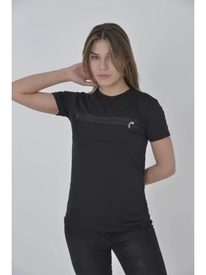 Ayşegul Hediyelik Göğüste Fermuar Aksesuarlı Dar Kalıp T-Shirt - Siyah