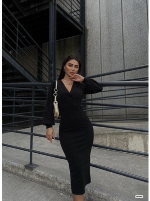 Ayşegul Hediyelik Kadın Kruvaze Yaka Balon Kol Simli Krep Kumaş Midi Boy Elbise