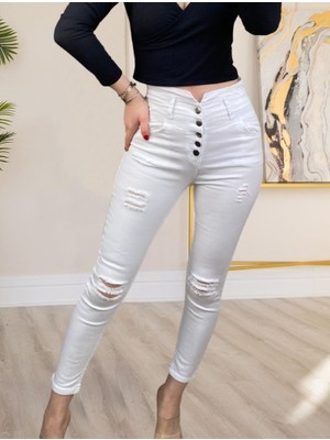 Ayşegul Hediyelik 5 Düğmeli V Detay Bel Yırtık Kot