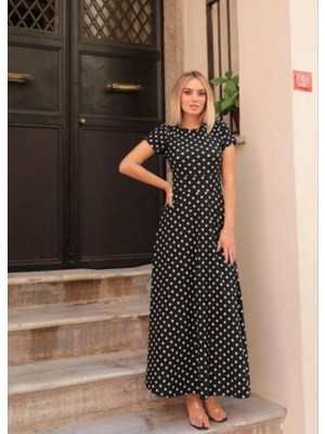 Ayşegul Hediyelik Kadın Kısa Kollu Bisiklet Yaka Puantiyeli Maksi Örme Krep Elbise