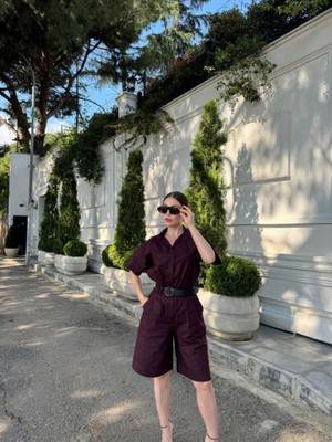 Ayşegul Hediyelik Yakalı Gömlek Kemerli Şortlu Takım - Bordo