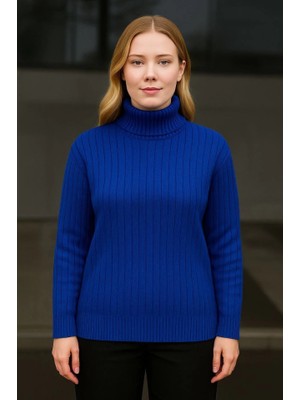 Ayşegul Hediyelik Balıkcı Yaka Bağazlı Triko Kazak Pamuklu Kalın Fitilli Dokuma - Saks Mavisi