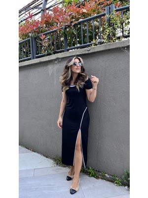 Ayşegul Hediyelik Kadın Yuvarlak Ribana Yaka Beyaz Yırtmaç Detaylı Viskon Tam Boy Elbise