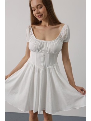 Ayşegul Hediyelik Beli Korseli Mini Elbise - Beyaz
