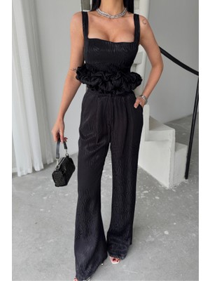 Ayşegul Hediyelik Jakarlı Bluzu Tasarım Detaylı Ceket-Pantolon-Bluz 3 Lü Takım - Siyah