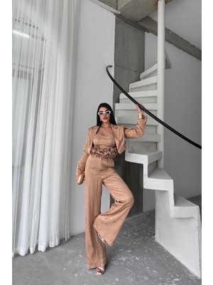 Ayşegul Hediyelik Jakarjakarlı Bluzu Tasarım Detaylı Ceket-Pantolon-Bluz 3 Lü Takım - Bej