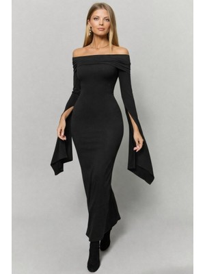 Ayşegul Hediyelik Kadın Madonna Yaka Uzun Yırtmaç Kol Detaylı Uzun Ithal Krep Elbise