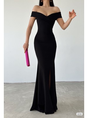 Ayşegul Hediyelik Kadın Dalgıç Kumaş Kayık Yaka ve Dekolte Detaylı Elbise