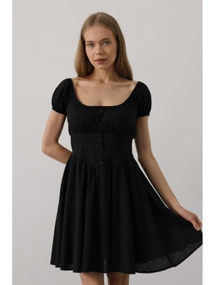 Ayşegul Hediyelik Beli Korseli Mini Elbise - Siyah