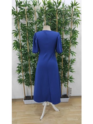 Ayşegul Hediyelik Kadın Kısa Balon Kollu Bisiklet Yaka Geniş Kesim Janjan Krep Elbise